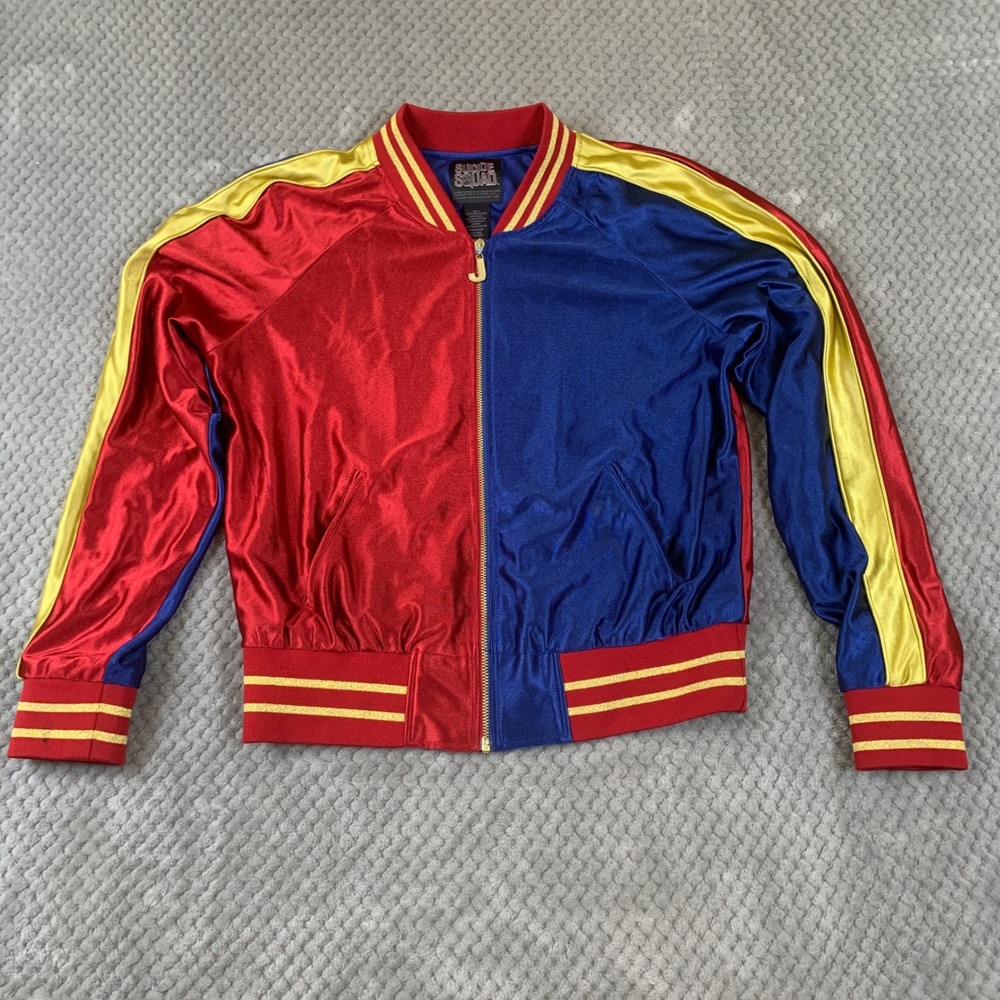 Suicide Squad Harley Quinn Bomber Jacket Womens L Red Blue Property of Joker